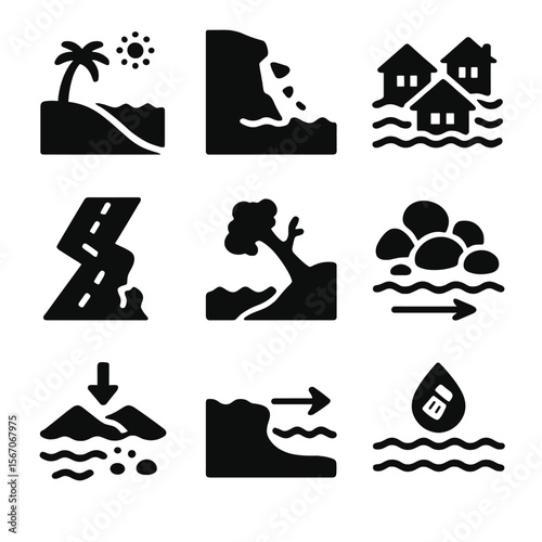 Coastal Erosion Icons. Solid, filled icon set of coastal erosion effects: beach loss, cliff erosion, flooded houses, damaged roads