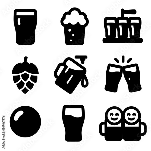 Beer Tasting Icons. Solid, filled icons set of beer tasting and enjoyment: pint glass, beer foam, tasting