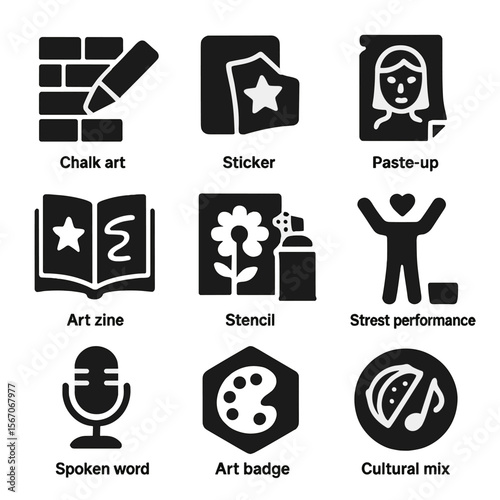 Alternative Art Icons. Solid, filled icons set of alternative art forms: chalk art, sticker icon, paste up,