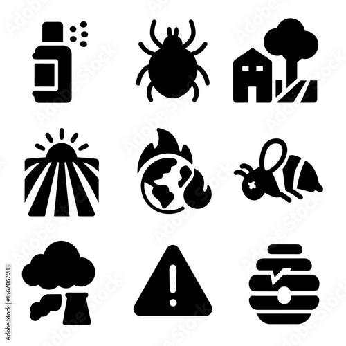 Bee Threat Icons. Solid, filled icons set of threats to bee populations: pesticide spray, mite icon, habitat