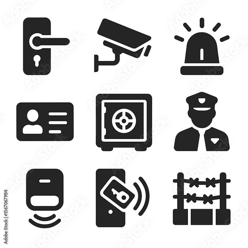 Business Security Icons. Solid, filled icon set of physical security for businesses: door lock, security camera, alarm system,