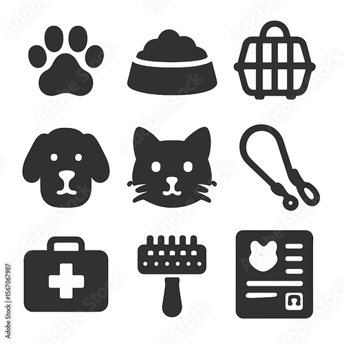 Animal Sheltering Icons. Solid, filled icons set of animal shelter volunteering: paw print, food bowl, pet