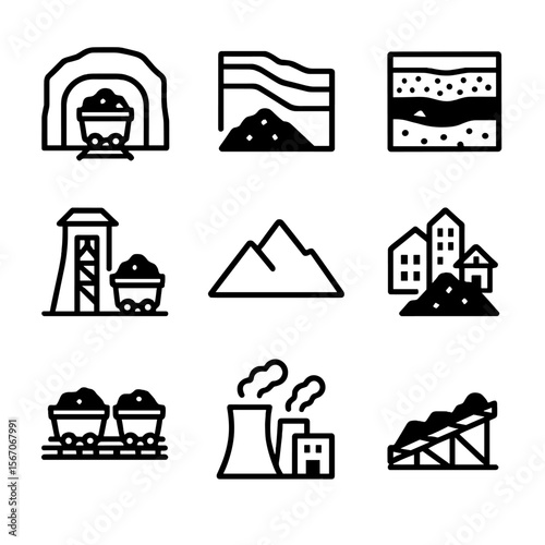 Coal Mining Icons. Solid, filled icon set of coal mining locations and geography: underground mine, open pit mine, coal seam,