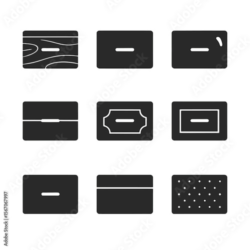Drawer Icon Styles. Solid, filled icons set of drawer styles and finishes: wood grain front, matte finish,