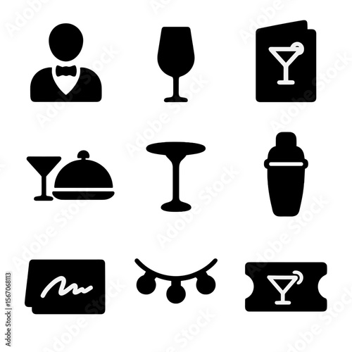 Cocktail Event Icons. Solid, filled icon set of cocktail event presentation: bartender icon, tasting glass, menu card, event tray,