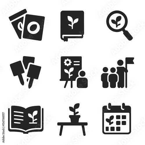 Educational Garden Icons. Solid, filled icons set of educational garden activities: seed packets, garden