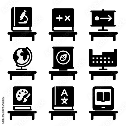 Educational Icons Grid. Solid, filled icons set of educational icons on desks: science book, math book,