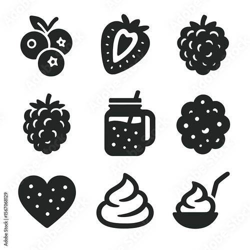 Berry Smoothie Icons. Solid, filled icons set of berry smoothies: blueberry bunch, strawberry slice, raspberry
