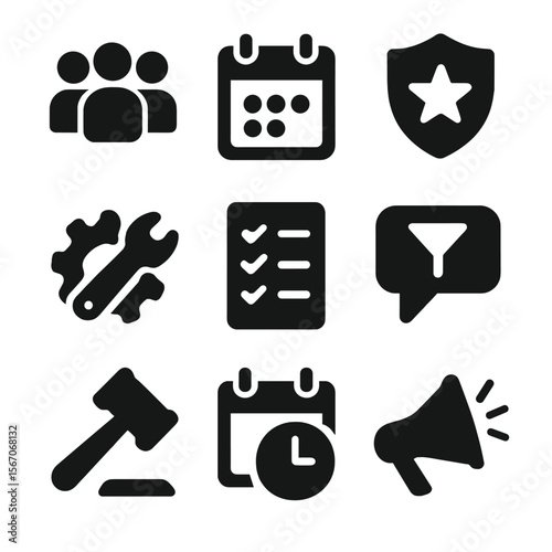 Community Tools Icons. Solid, filled icon set of community management tools: group icon, event calendar, moderator badge, admin