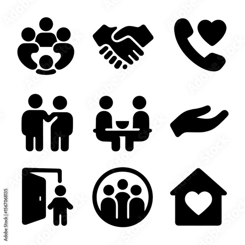 Community Support Icons. Solid, filled icon set of peer support and community care: group circle, handshake, support call, home