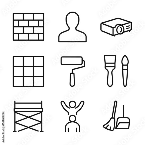 Mural Creation Icons. Outline icon set of mural creation process: wall surface outline, artist silhouette, projector for sketch,