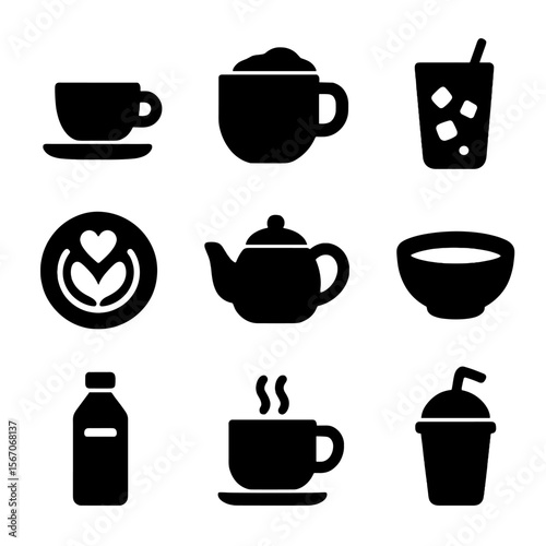 Café Beverage Icons. Solid, filled icon set of café beverages: espresso cup, cappuccino mug, iced coffee glass, latte art, teapot,