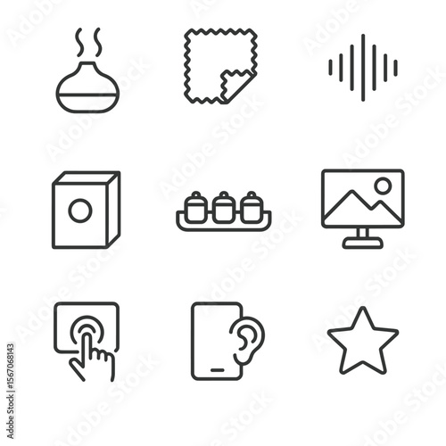 Multisensory Marketing Icons. Outline icon set of multisensory marketing experiences: aroma diffuser icon, textured sample swatch,