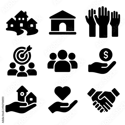 Community Icon Set. Solid, filled icon set of community foundations: neighborhood icon, community center, raised hands, shared