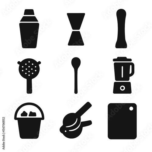 Cocktail Tool Icons. Solid, filled icon set of cocktail preparation tools: cocktail shaker, jigger, muddler, strainer, mixing