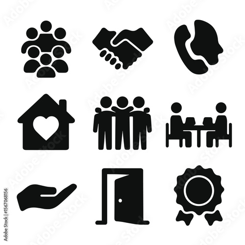 Community Support Icons. Solid, filled icon set of peer support and community care: group circle, handshake, support call, home