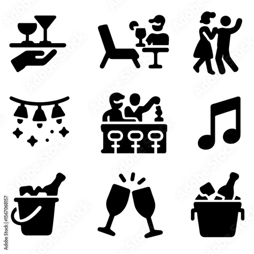 Cocktail Party Icons. Solid, filled icon set of cocktail party scenes: cocktail tray, lounge chair, dancing couple, bartender