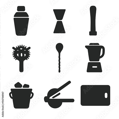 Cocktail Tool Icons. Solid, filled icon set of cocktail preparation tools: cocktail shaker, jigger, muddler, strainer, mixing