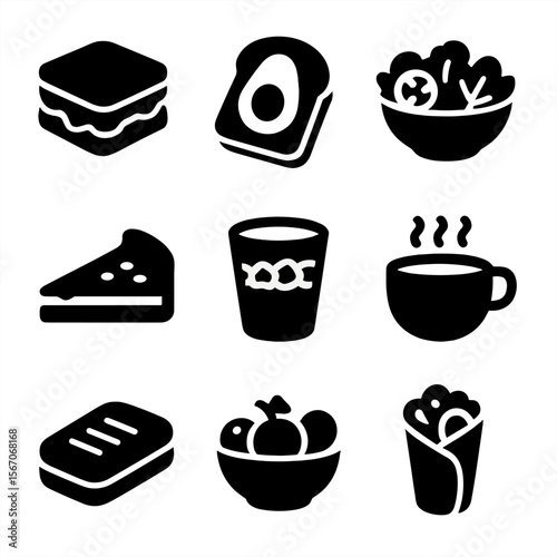 Café Menu Icons. Solid, filled icon set of café menu items: sandwich, avocado toast, salad bowl, quiche slice, granola yogurt,