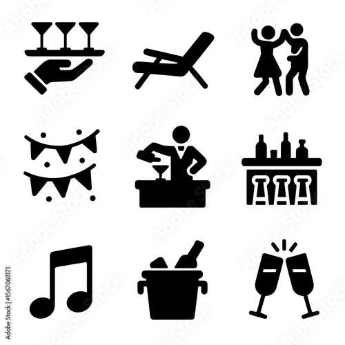 Cocktail Party Icons. Solid, filled icon set of cocktail party scenes: cocktail tray, lounge chair, dancing couple, bartender