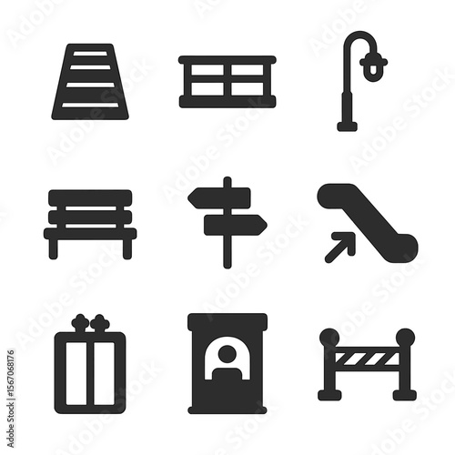 Bridge Elements Icons. Solid, filled icon set of bridge crossing elements: footpath, railing, street lamp, bench, signpost,