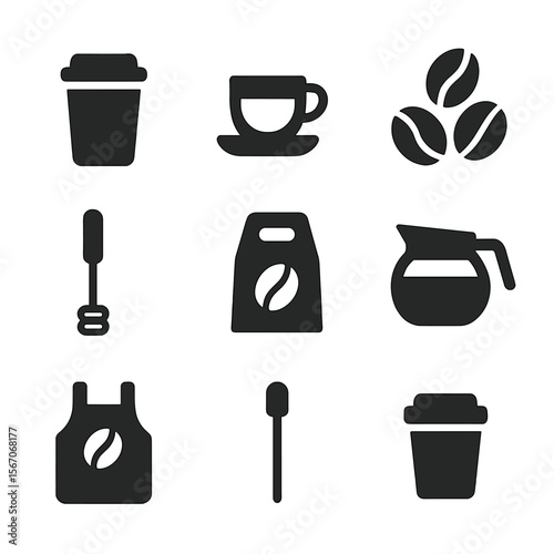 Coffee Icon Set. Solid, filled icon set of coffee culture items: paper cup, espresso shot, coffee beans, milk frother, to-go bag,