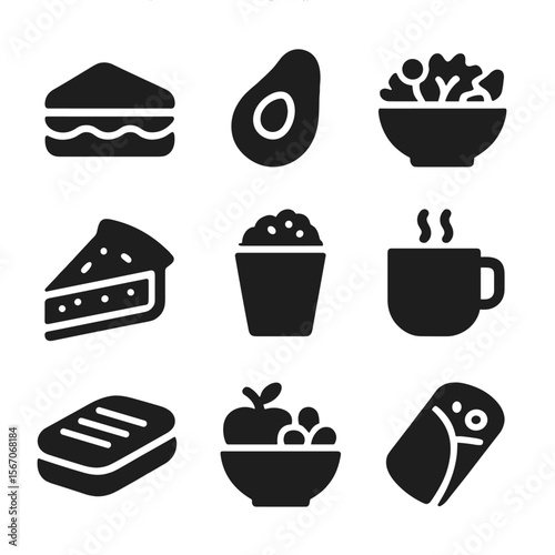 Café Menu Icons. Solid, filled icon set of café menu items: sandwich, avocado toast, salad bowl, quiche slice, granola yogurt,