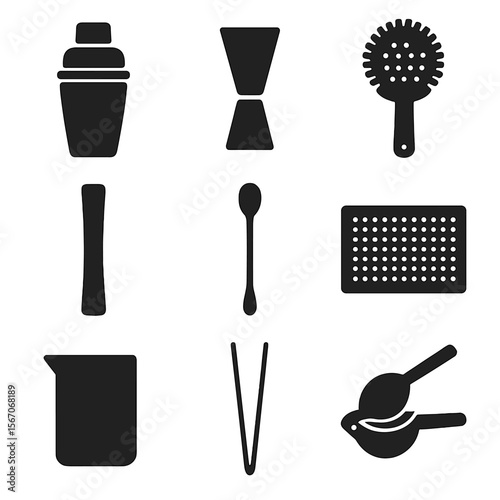 Cocktail Tools Icons. Solid, filled icon set of cocktail tools and accessories: shaker, jigger, strainer, muddler, stirring spoon,