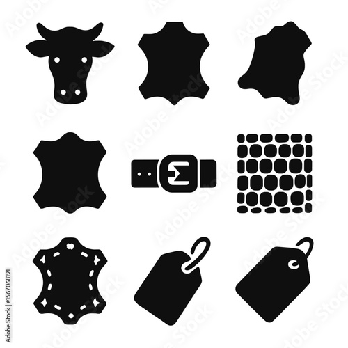 Leather Icon Grid. Solid, filled icon set of leather and alternatives: cowhide, faux leather, suede piece, vegan leather patch,