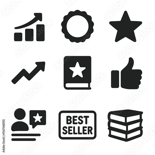 Best Seller Icon Set. Solid, filled icons set of best-seller lists: ranking chart, top badge, star icon,