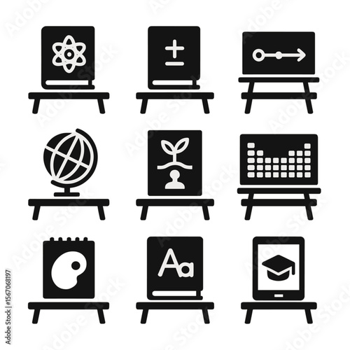 Educational Icons Grid. Solid, filled icons set of educational icons on desks: science book, math book,