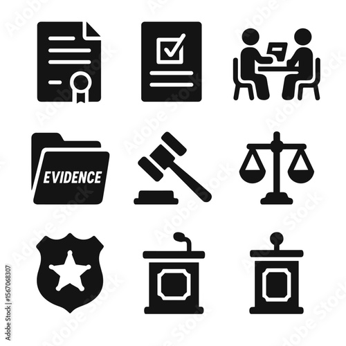 Legal Icon Grid. Solid, filled icon set of civil litigation process: legal contract, complaint form, deposition, evidence folder,