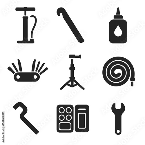 Bike Tool Icons. Solid, filled icons set of bike maintenance tools: air pump, tire lever, chain oil,