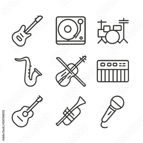 Music Icons Grid. Outline icon set of music genres and performances: electric guitar, turntable vinyl, drum kit, saxophone, violin