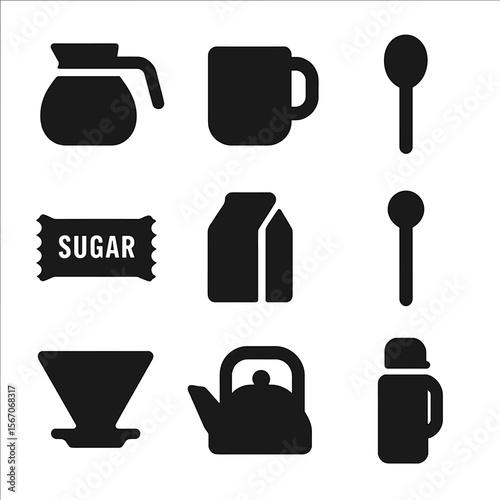 Coffee Accessories Icons. Solid, filled icon set of coffee accessories: coffee pot, mug, spoon, sugar, milk, stirrer, coffee