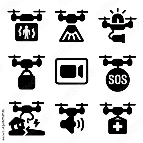 Emergency Drone Icons. Solid, filled icons set of rescue and emergency drones: thermal imaging drone,