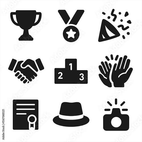 Award Celebration Icons. Solid, filled icons set of award ceremonies and celebrations: trophy, medal ribbon,