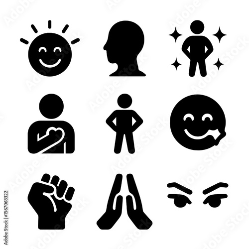 Confident Emotions Icons. Solid, filled icon set of confident emotions: beaming face, head held high, glowing aura, hand on heart,