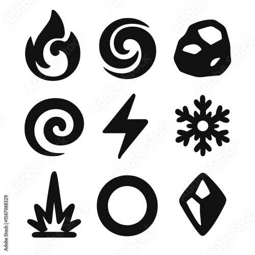 Elemental Incantation Icons. Solid, filled icons set of elemental incantations: fire glyph, water swirl, earth