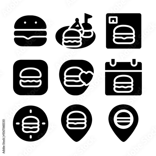 Burger Lifestyle Icons. Solid, filled icon set of burger lifestyle icons: burger emoji, burger party plate, social media burger
