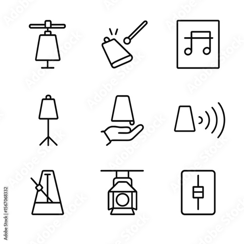 Musical Cowbell Icons. Outline icon set of musical cowbell percussion: drum kit cowbell, drumstick striking bell, rhythm notation