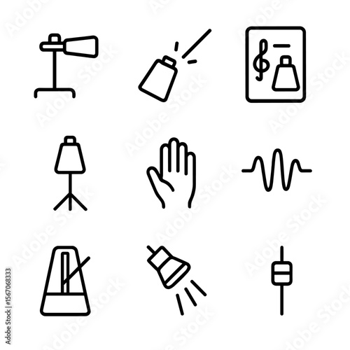 Musical Cowbell Icons. Outline icon set of musical cowbell percussion: drum kit cowbell, drumstick striking bell, rhythm notation