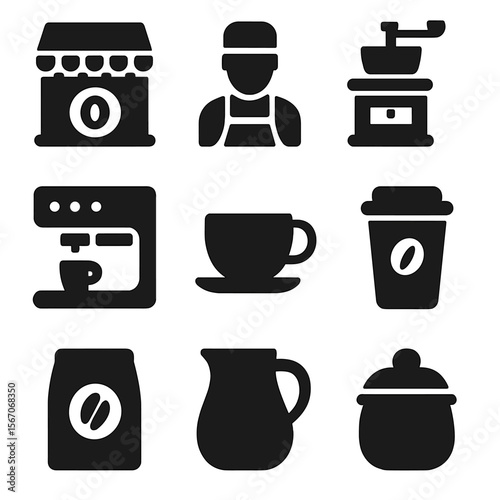 Coffee Icon Set. Solid, filled icon set of coffee related items: coffee shop storefront, barista, coffee grinder, espresso machine
