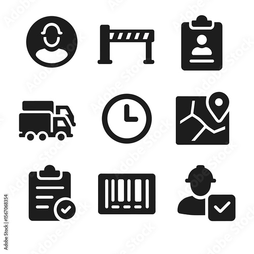 Construction Logistics Icons. Solid, filled icon set of construction logistics: site entry sign, access gate, permit icon, truck