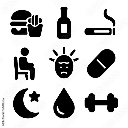 Lifestyle Impact Icons. Solid, filled icon set of lifestyle factors affecting organ health: unhealthy food, alcohol bottle,
