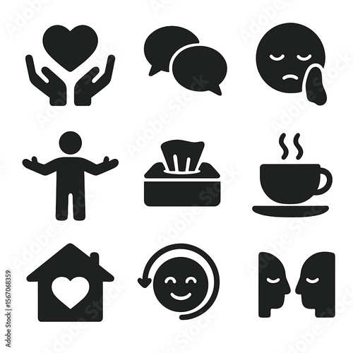 Emotional Support Icons. Solid, filled icons set of emotional support at home: empathy heart, talk bubble,