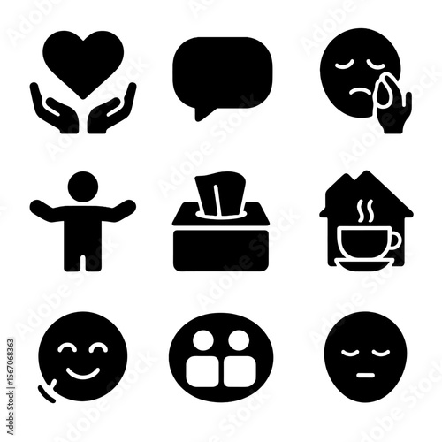 Emotional Support Icons. Solid, filled icons set of emotional support at home: empathy heart, talk bubble,