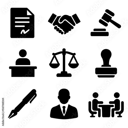 Contract Icons Grid. Solid, filled icon set of contract disputes and resolutions: signed contract, handshake, court ruling,