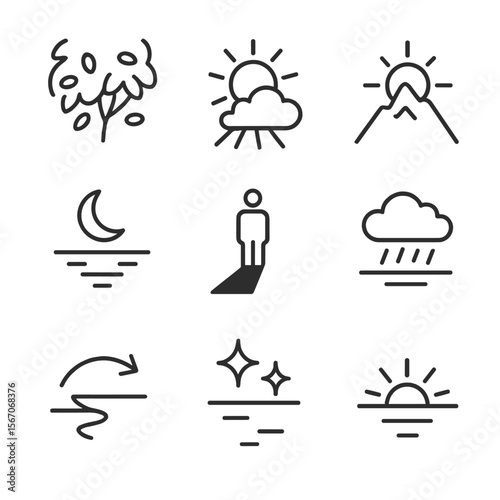 Natural Light Icons. Outline icon set of natural shadows and light in environment: tree canopy dappled light, sun ray through