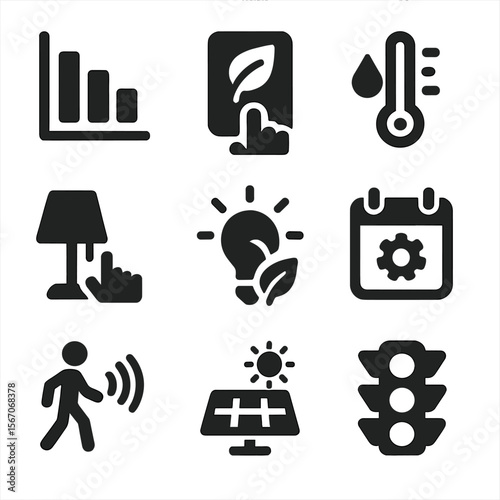 Energy Efficiency Icons. Solid, filled icons set of energy efficiency with assistants: usage chart, eco mode,